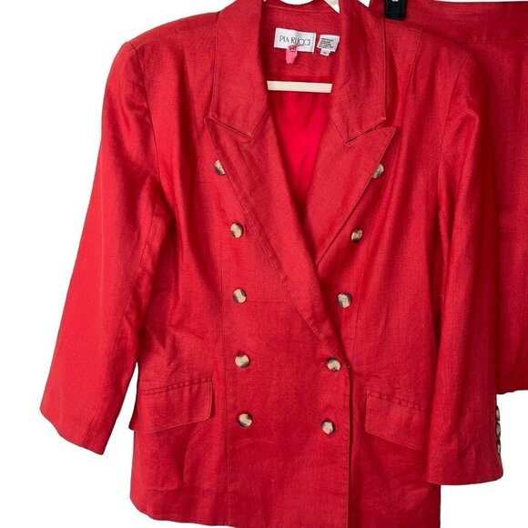 Pia Rucci Womens Linen Skirt Suit Size 10 Vintage Red Double Breasted Pockets - Picture 8 of 11